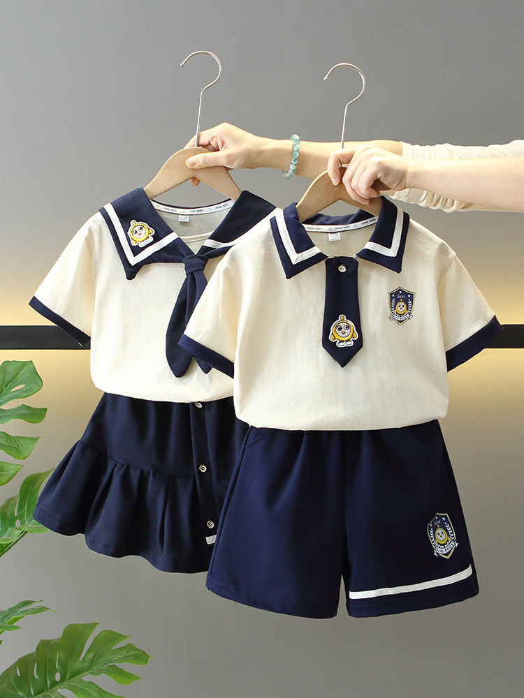 Boys' Summer Outfit Set 2026 New Children's Summer Cartoon Academy Style Two-Piece Set for Baby Siblings Trendy Matching Outfits