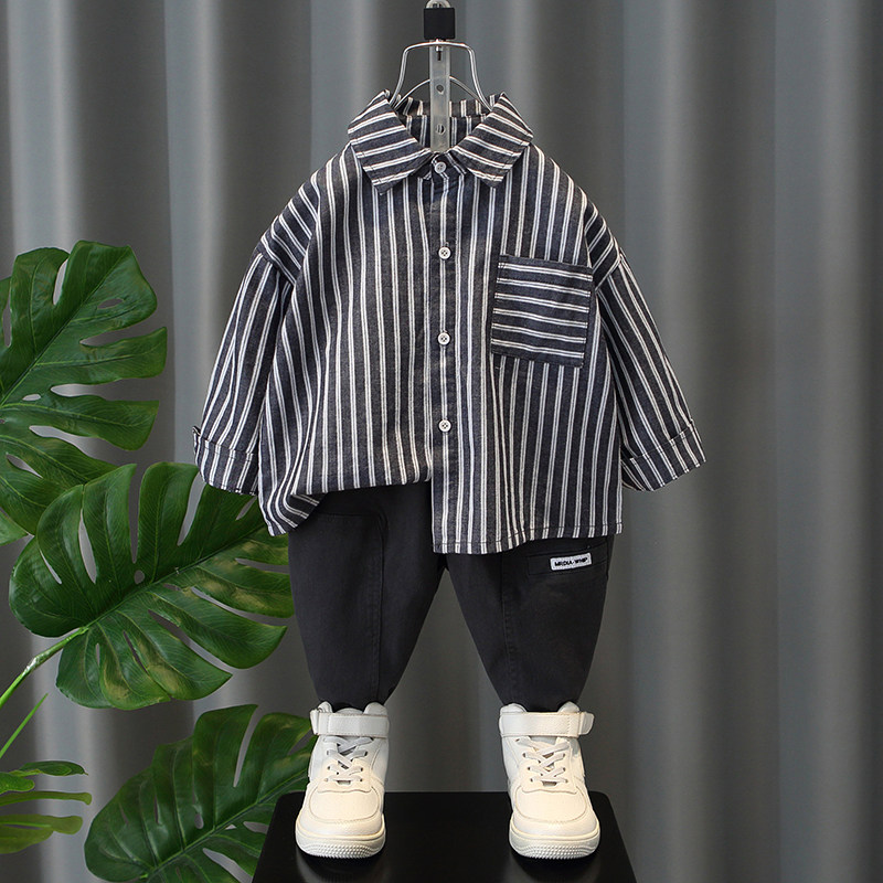 男童洋气套装婴幼儿童帅气春秋装衣服宝宝秋季韩版条纹衬衫两件套