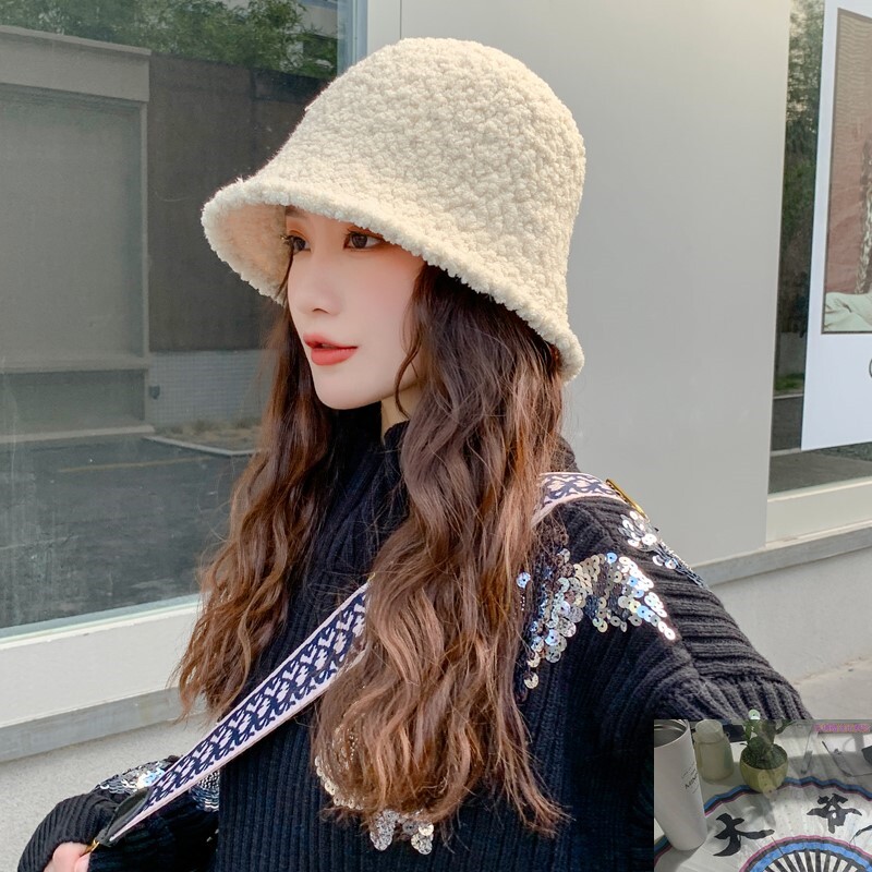 长脸适合的帽子冬季女秋保暖渔夫帽毛绒帽韩版潮遮脸羊羔毛水桶帽
