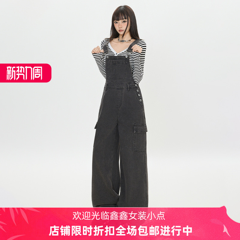 复古牛仔背带裤女秋冬2025新款设计感宽松减龄显瘦阔腿工装连体