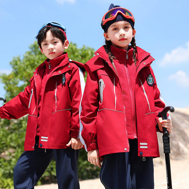 冬季儿童登山户外三合一冲锋衣红色小学生校服幼儿园园服班服套装
