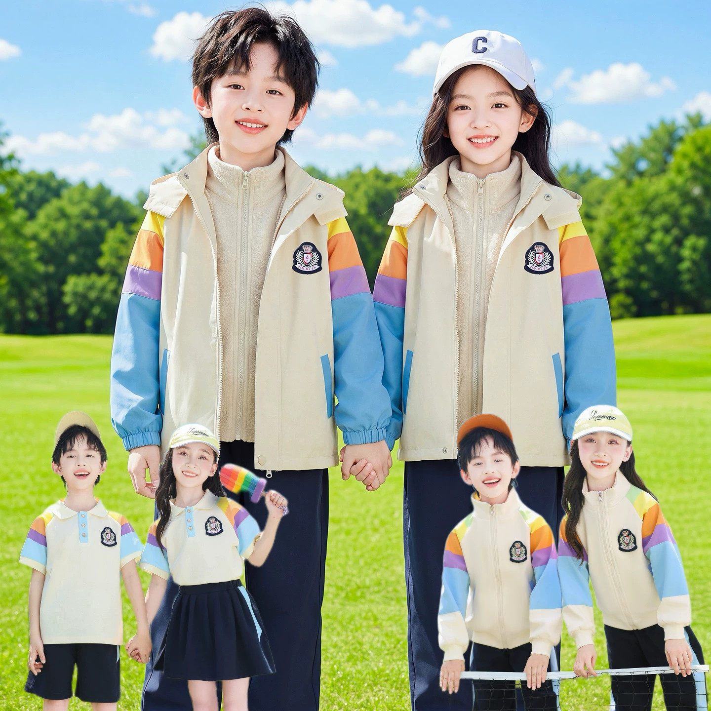 小学生班服三件套彩虹款幼儿园园服夏季儿童校服冲锋衣运动会套装