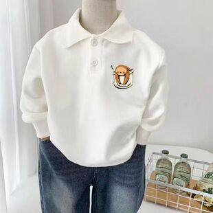 儿童纯棉翻领长袖T恤打底衫男童装洋气加绒卫衣polo领中大童上衣