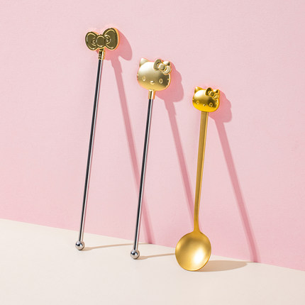 hellokitty猫头金色小勺子不锈钢搅拌棒家用简约咖啡勺长柄搅棍