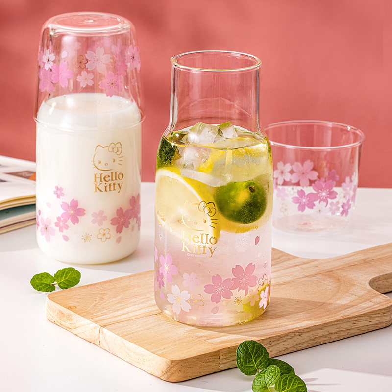 helloKitty樱花玻璃一人饮套装果汁饮料凉水杯冷泡水杯ins牛奶杯,餐饮具,冷水壶,淘宝优惠券,粉丝福利购,淘宝优惠卷