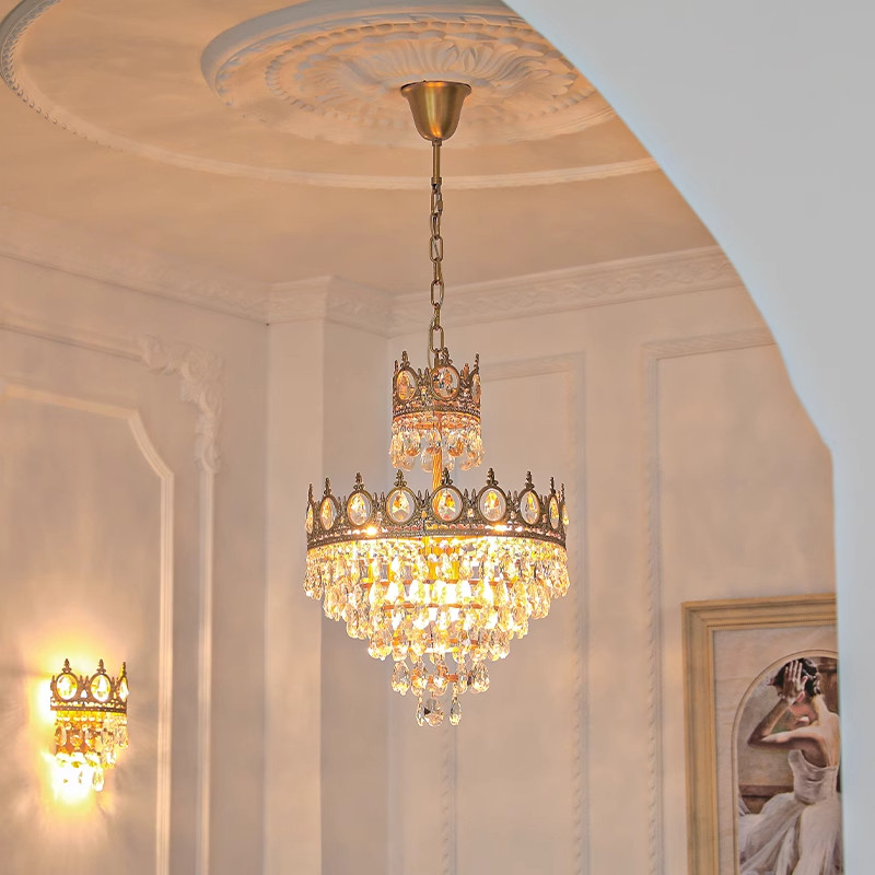法式皇冠全铜水晶吊灯奶油田园风卧室客厅床头轻奢衣帽间玄关灯具