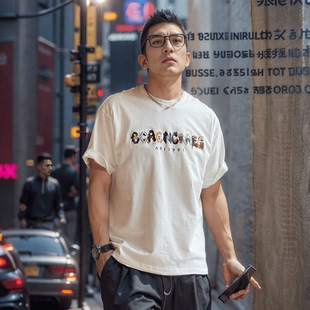 港风潮牌刺绣纯棉男士短袖T恤夏季流行植绒字母休闲宽松半袖体恤