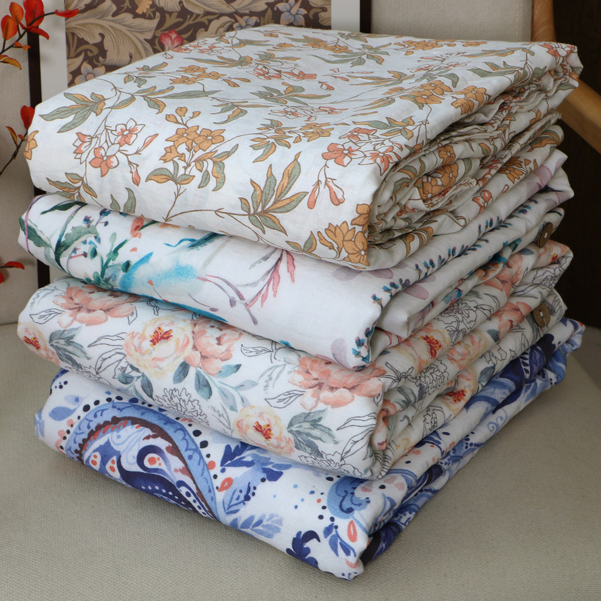 出口客订余单汉麻印花被套中式轻奢天然100%麻印花双人被罩透气