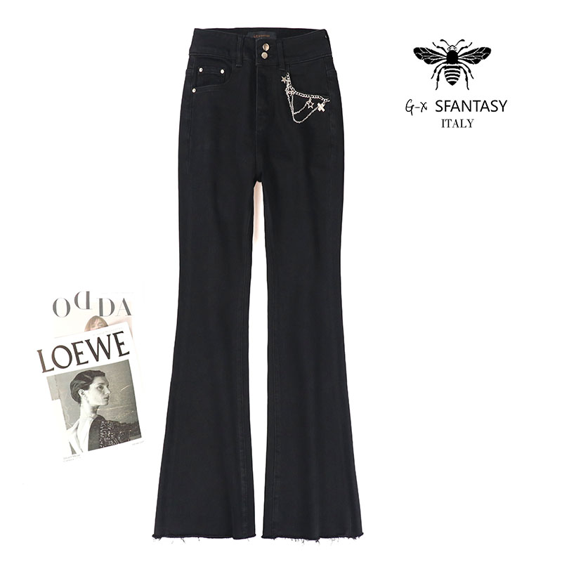 欧货GX小蜜蜂春季黑色高腰时尚毛边弹力牛仔裤显瘦修身微喇裤长裤