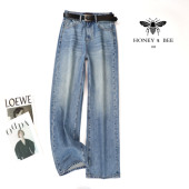 阔腿裤 欧货小蜜蜂春新款 做旧显瘦窄版 时尚 女 浅蓝色垂感直筒牛仔裤