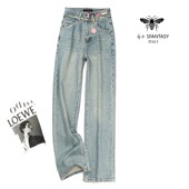 阔腿裤 欧货小蜜蜂浅蓝色做旧高腰垂感直筒牛仔裤 女早春显瘦窄版 女