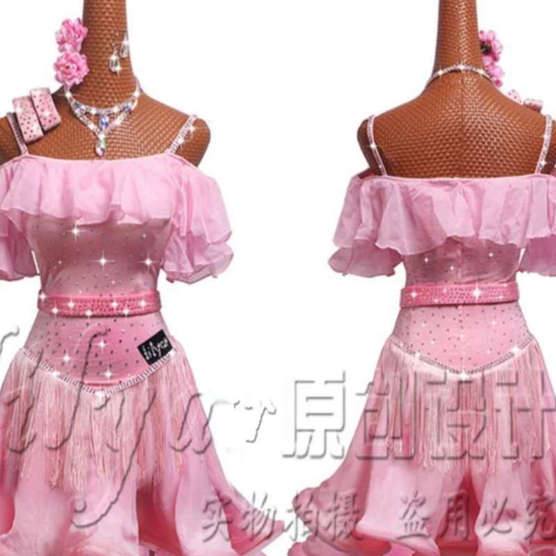 表演儿童考舞裙卷边鱼骨比赛服肩拉丁舞服艺少儿裙露粉色演出服