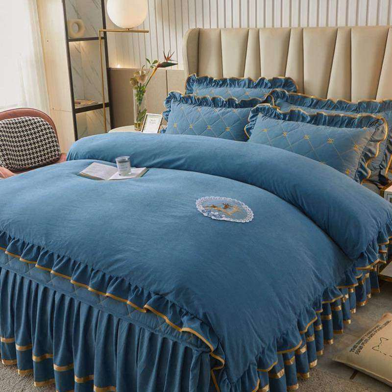 加厚荷叶纯色床单裙款通用床上欧式被套四季四件套刺绣花边夹棉床,床上用品,床品套件/四件套/多件套,淘宝优惠券,粉丝福利购,淘宝优惠卷