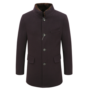 MY477美秋冬男式毛呢大衣 水貂毛领直排扣保暖防风外套 暗红色