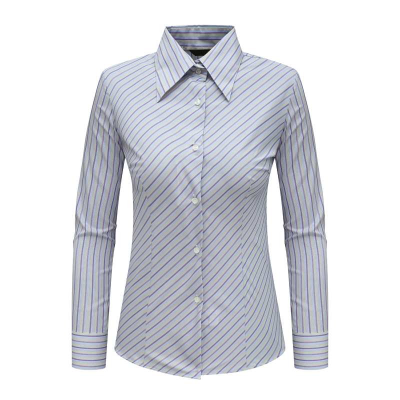 H1193路Y韦G女式夏季厚度长袖衬衫 棉商务休闲上衣弹力 蓝色条纹