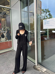 小香风早秋休闲时尚三件套纯棉显瘦吊带开衫外套松紧腰阔腿裤套装
