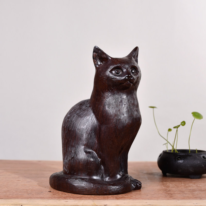 木雕刻猫摆件创意可爱装饰真猫实木头工艺品红木小猫咪生日礼物
