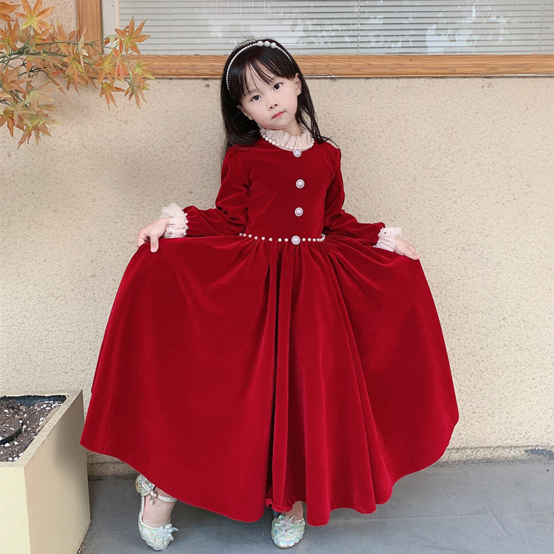 女童礼服儿童生日红色公主连衣裙花童婚礼小女孩主持钢琴演出服冬