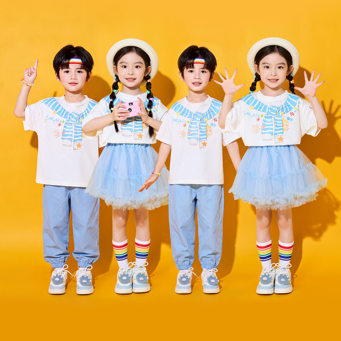 儿童演出服小学生运动会啦啦操班服合唱表演卡通T恤 蓝色纱裙秋季