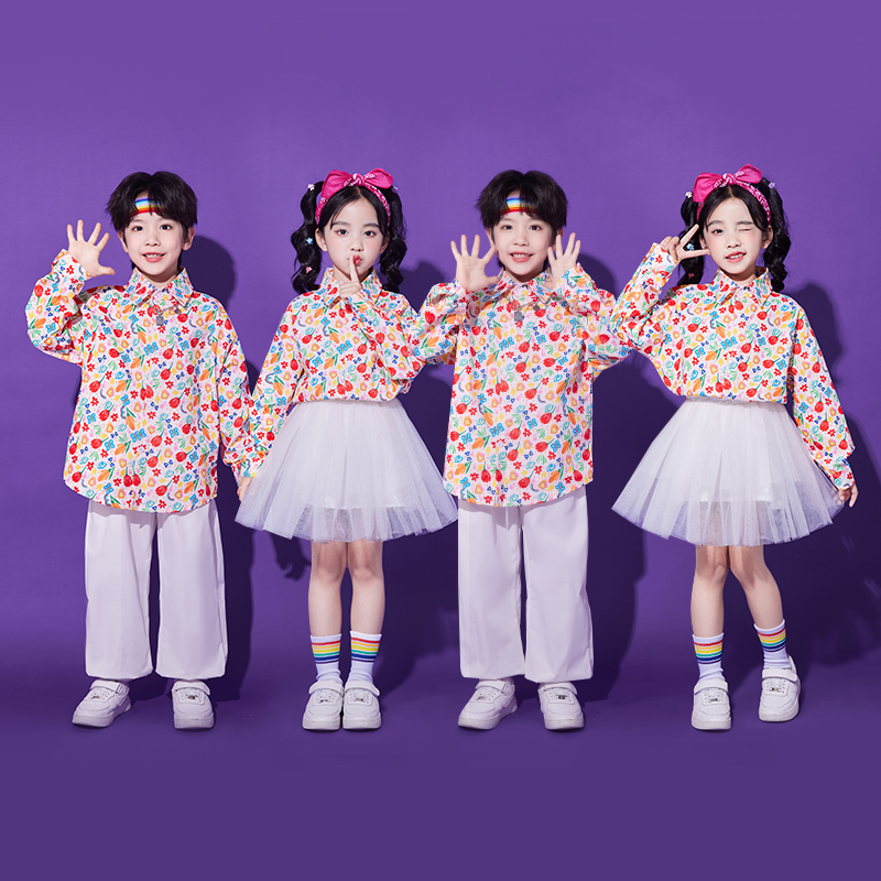 儿童啦啦队演出服幼儿园班服小学生运动会开幕式表演港风碎花衬衫