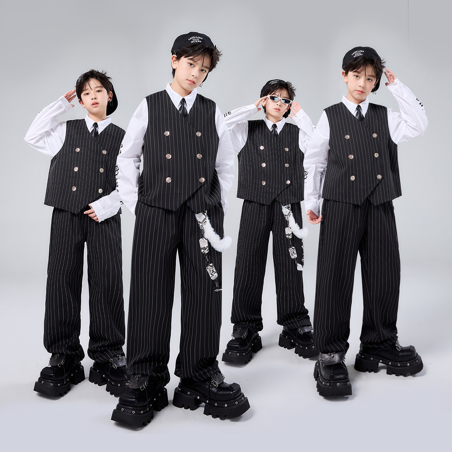 儿童爵士舞套装黑色西装马甲潮服男童街舞Popping演出服locking女