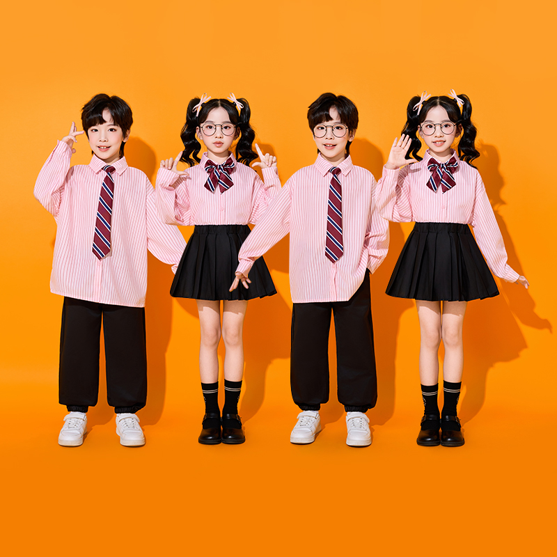 儿童演出服小学生运动会啦啦操合唱表演幼儿园学院风粉色衬衫秋季