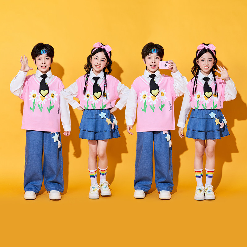六一儿童演出服小学生运动会啦啦操粉色套装牛仔裤班服表演合唱服