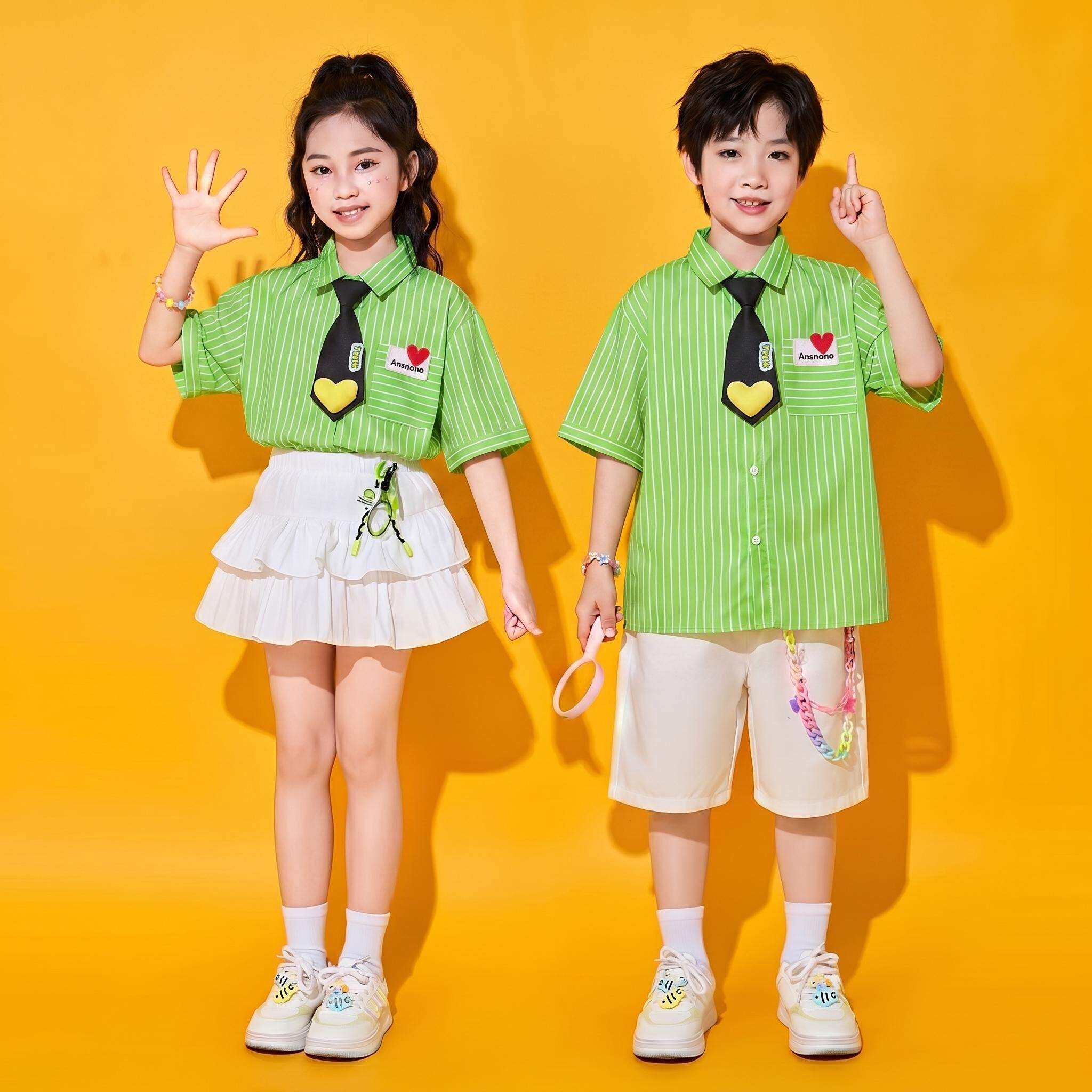 六一儿童演出服小学生运动会啦啦操班服合唱表演爱心绿色条纹衬衫