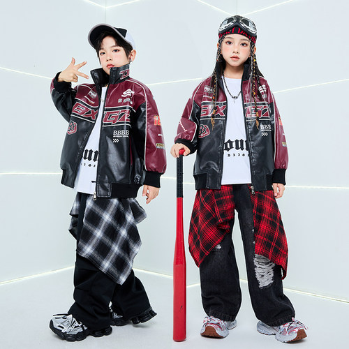儿童街舞演出服爵士舞套装字母皮衣外套男童潮服少儿hiphop嘻哈女