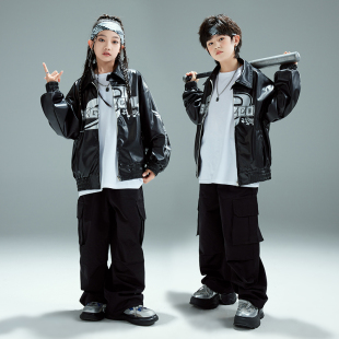 街舞儿童潮服演出服男童套装 少儿嘻哈爵士走秀皮衣外套 hiphop童装