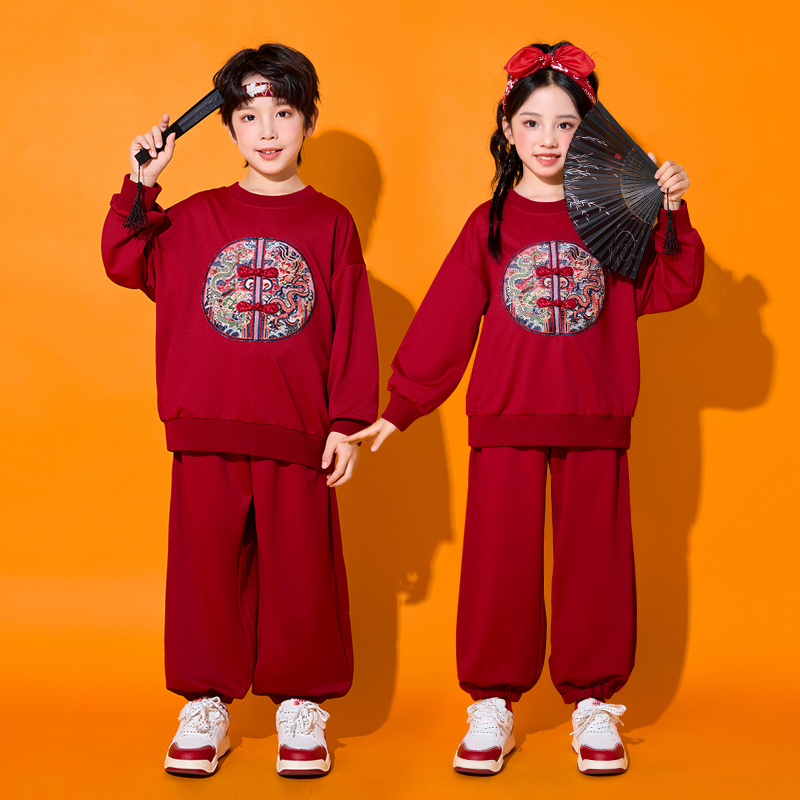 儿童元旦演出服中国风服装合唱服汉服红色喜庆表演古装唐装男女童