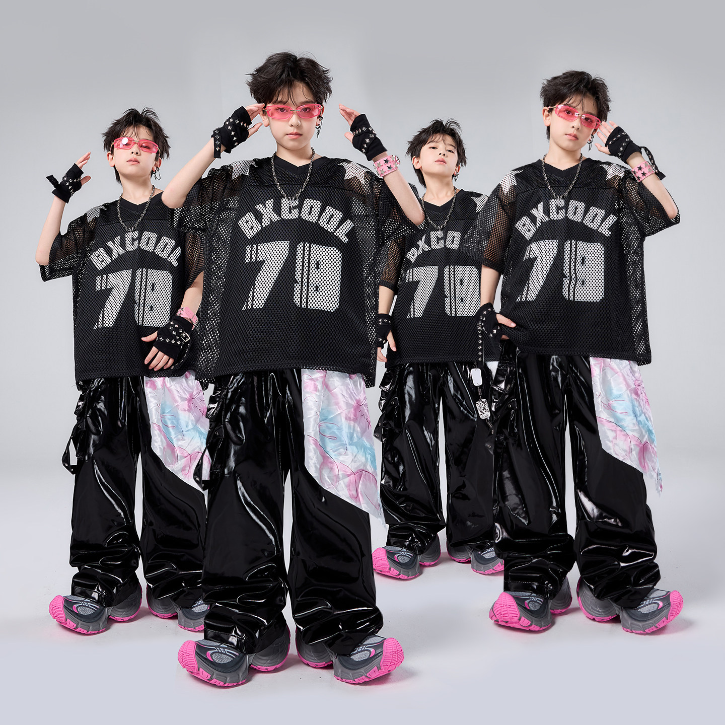 儿童街舞潮服演出服男童套装hiphop童装嘻哈女架子鼓黑色镂空上衣图片