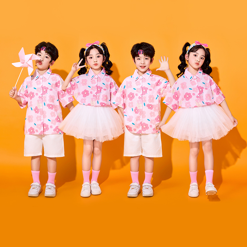 六一儿童演出服小学生运动会粉色碎花港风啦啦操表演合唱服幼儿园