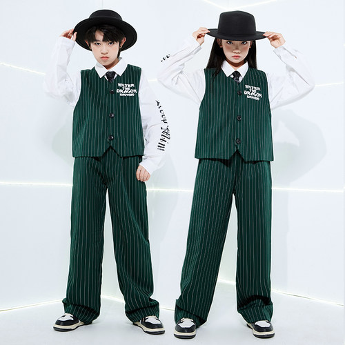 儿童爵士舞套装墨绿西装马甲潮服