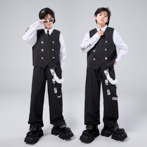 儿童爵士舞套装黑色西装马甲潮服男童街舞Popping演出服locking女
