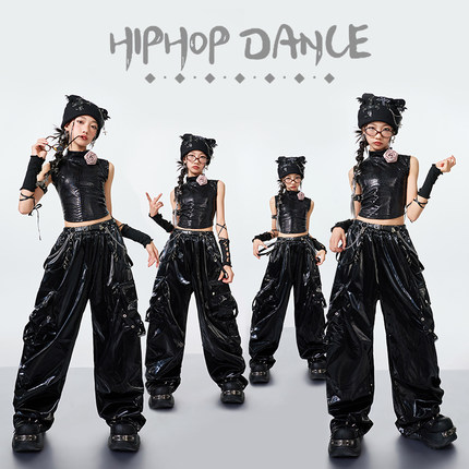 儿童爵士舞服装女童露脐JAZZ黑色皮衣套装街舞演出服潮酷模特走秀