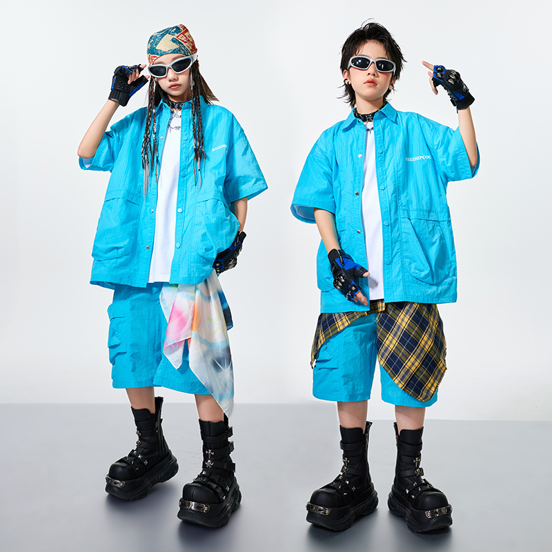 儿童街舞潮服演出服男童蓝色套装hiphop童装少儿嘻哈爵士舞架子鼓