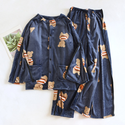 男冬季加厚保暖护理服易穿脱法兰绒理疗服骨折术后针灸大码康复服