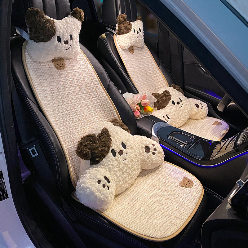 汽车坐垫通用四季亚麻车载通风座垫夏季卡通可爱座椅套防脏透气女