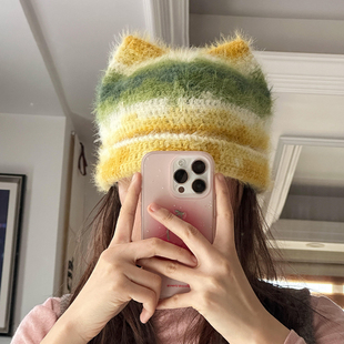 手工DIY编织猫耳帽子钩针自制立体毛绒帽渐变线送女朋友闺蜜礼物