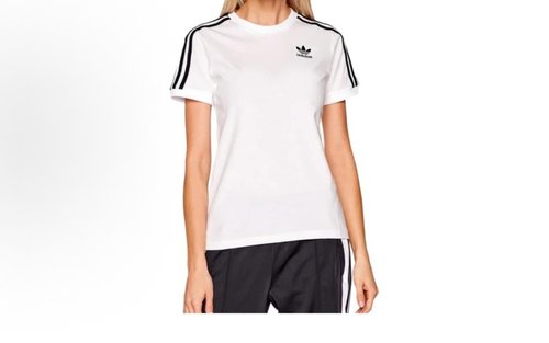 adidas originals 纯棉条纹印花圆领合身短袖  女款 白色GN2913