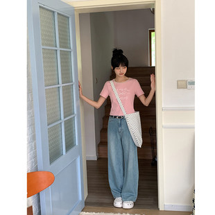 忠犬小八牛仔裤女款 直筒休闲刺绣长裤 小个子亲肤透气浅蓝水洗薄