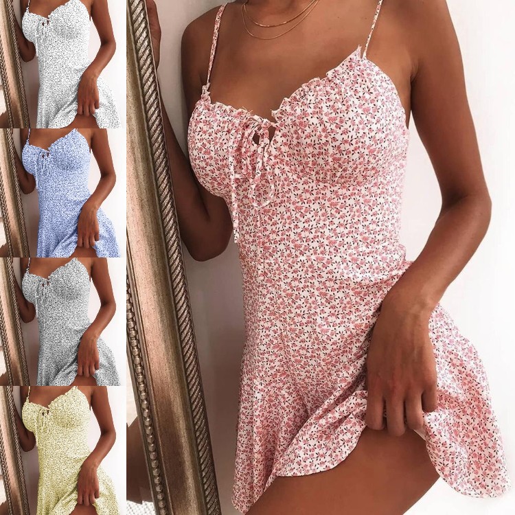 Amazon wish cross border spot 2020 new hot womens summer sexy floral suspender Mini Dress