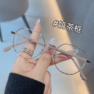 超轻奶茶色眼镜框女可配近视度数素颜小圆框平光镜金丝眼睛框镜架