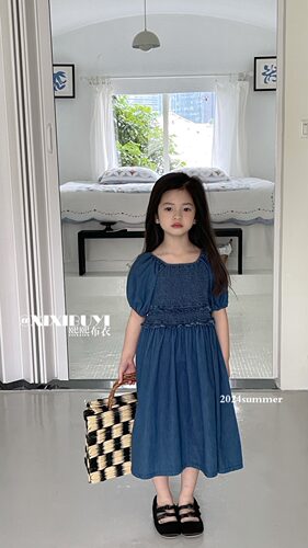 熙熙布衣品牌童装夏季韩版女中大童牛仔连衣裙百搭洋气泡泡袖裙子