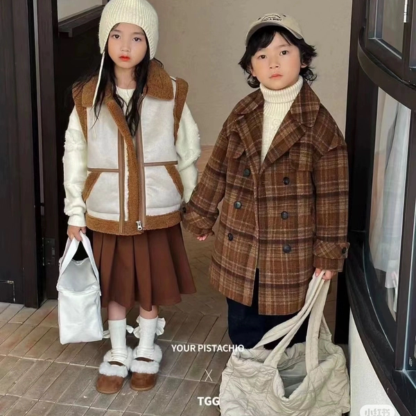 田果果品牌深秋冬男女中大童韩版格子大衣中长款双面呢绵羊毛大衣