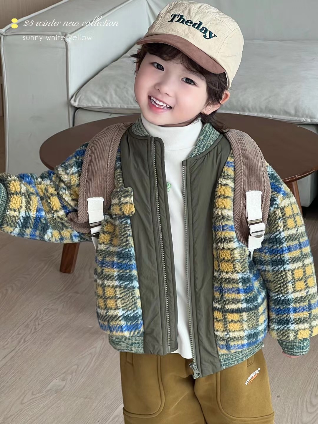 zi田品牌童装深秋冬夹棉加厚韩版复古格子羊羔毛棉服外套男童棉衣
