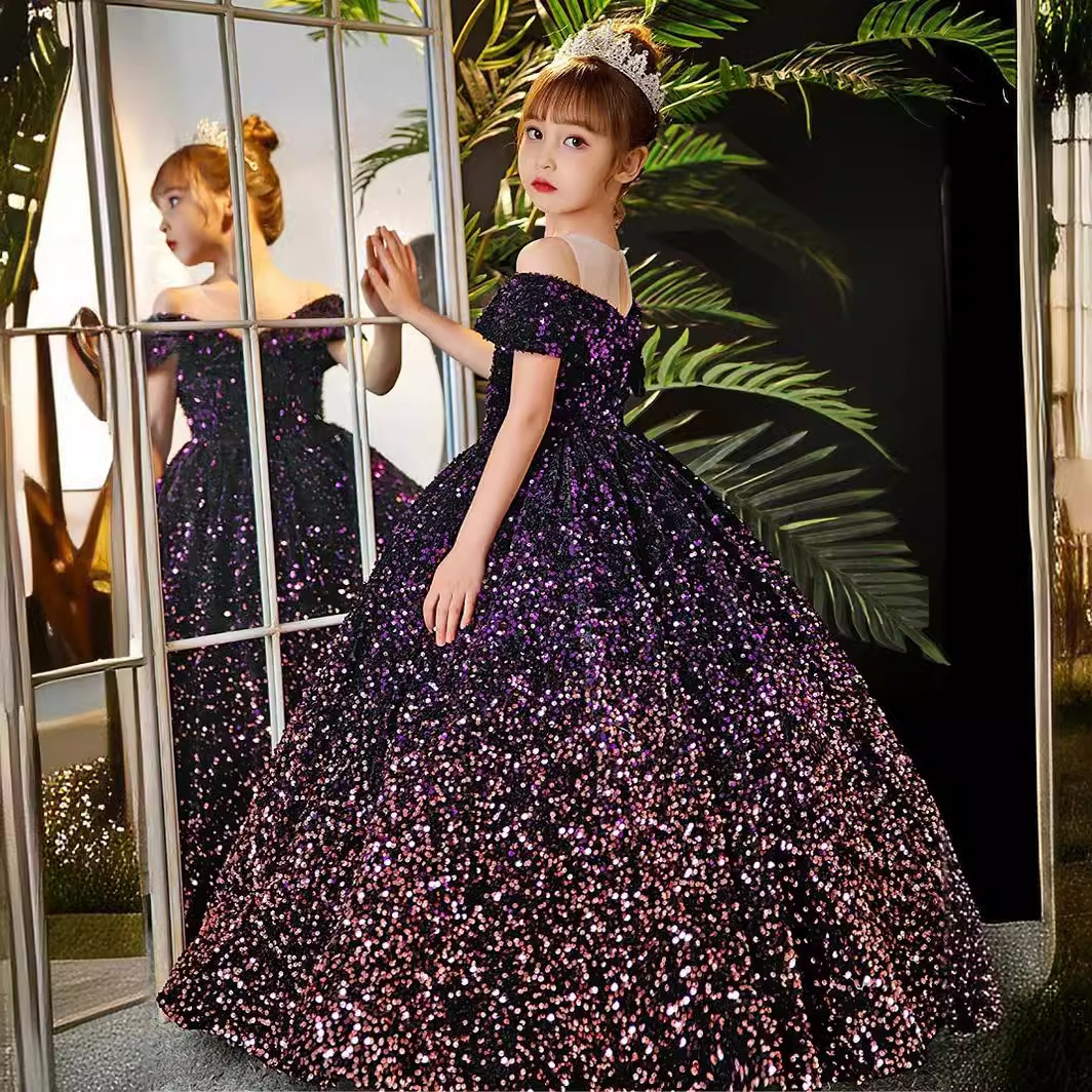 儿童礼服公主裙2025春季女童亮片走秀花童蓬蓬纱主持人钢琴演出服