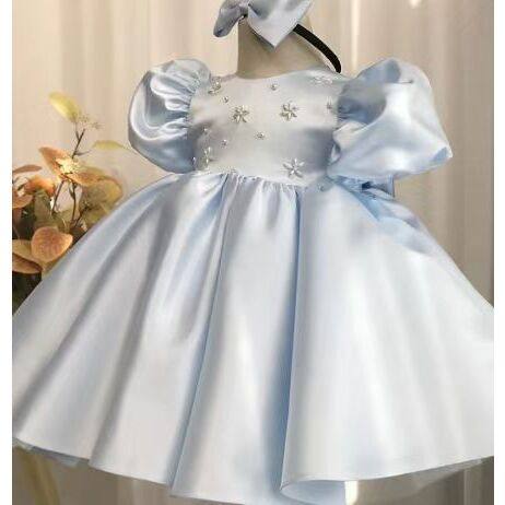 可爱洋气蓝色缎面公主裙蓬蓬裙晚礼服宝宝周岁礼服女生日拍照春季