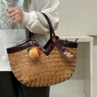 正品 现货VIPERA意大利手工牛皮拼色手提女士编织包软包菜篮子小号